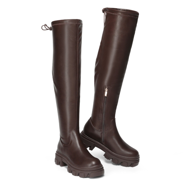 Ikon Stretchy Over The Knee Boots - BROWN PU - 5